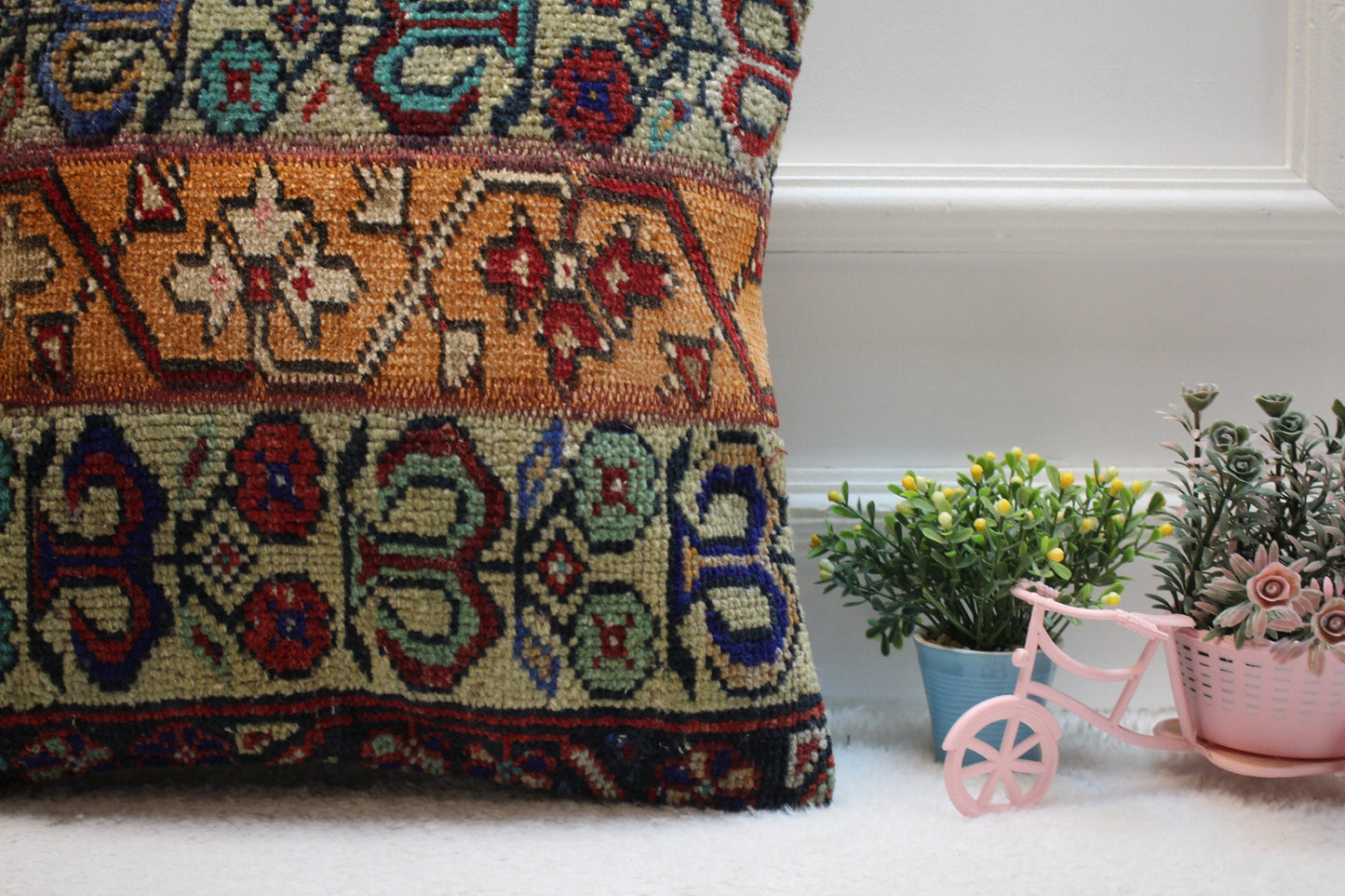Handmade Turkish Rug Pillow Cover: Orange Beige Patchwork, 16x16 inch