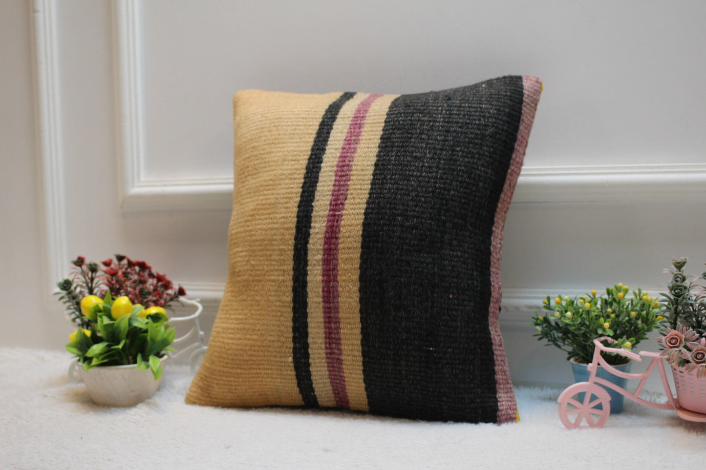 Handmade Kilim Pillow Cover: Vintage Turkish Woven Rug, 16x16 inch