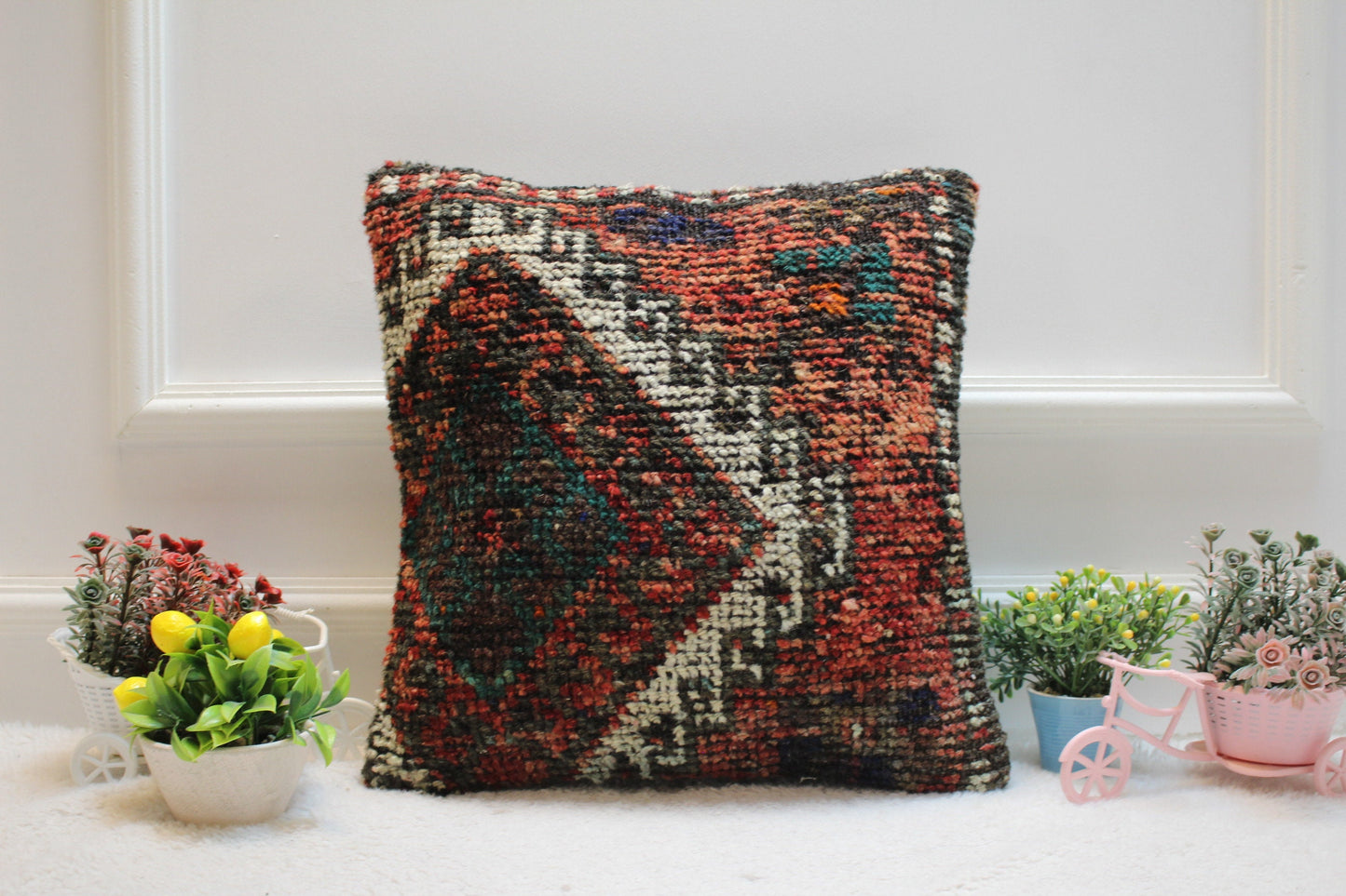 Handmade Turkish Rug Pillow Cover: Vintage Wool Throw Pillow (16x16 inc.)