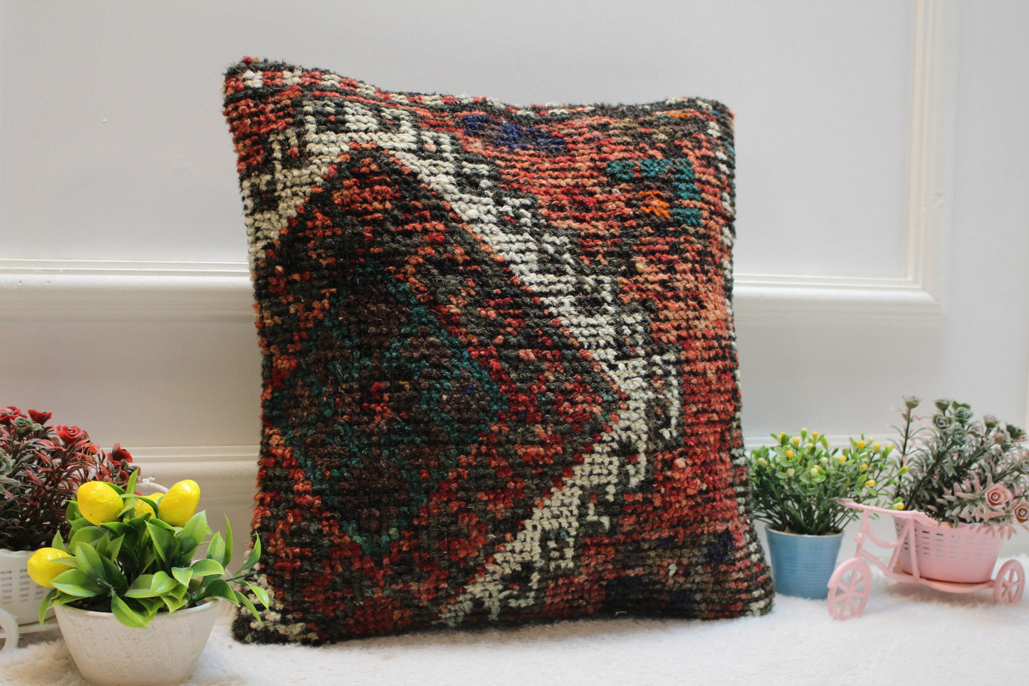 Handmade Turkish Rug Pillow Cover: Vintage Wool Throw Pillow (16x16 inc.)