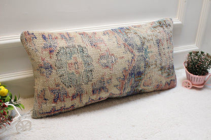 Handmade Turkish Rug Lumbar Pillow Cover: Beige, Blue Wool (12x24 in)