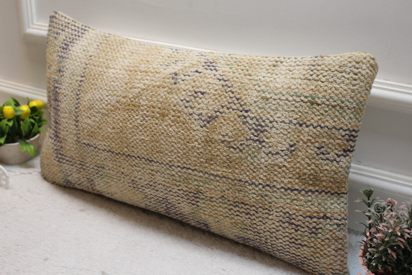 Beige Vintage Turkish Rug Lumbar Pillow Cover: 12x24 inch Wool Kilim Pillow