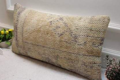 Beige Vintage Turkish Rug Lumbar Pillow Cover: 12x24 inch Wool Kilim Pillow
