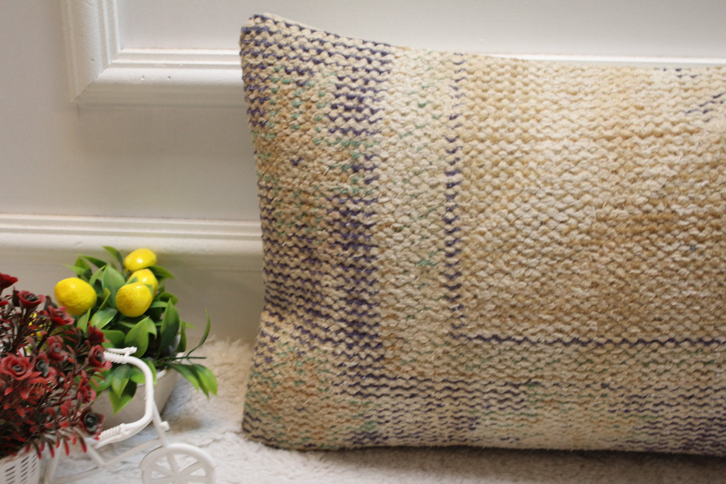 Beige Vintage Turkish Rug Lumbar Pillow Cover: 12x24 inch Wool Kilim Pillow