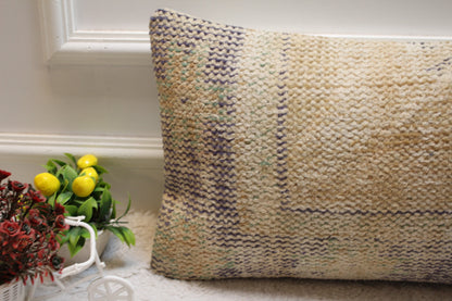 Beige Vintage Turkish Rug Lumbar Pillow Cover: 12x24 inch Wool Kilim Pillow