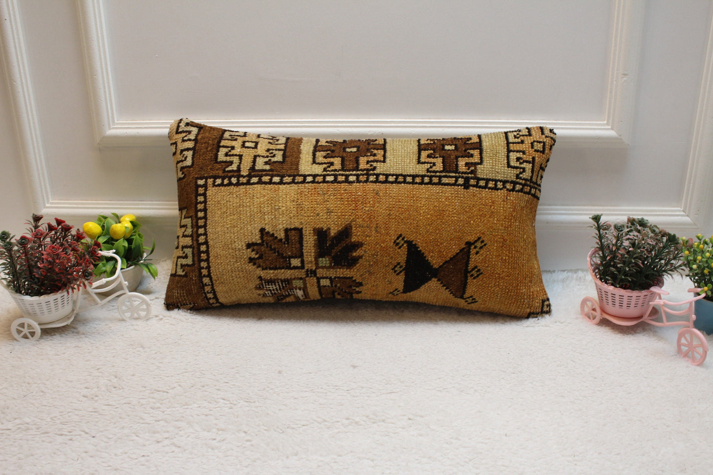 Handmade Kilim Lumbar Pillow Cover: Brown Beige Boho Rug Pillow (12x24 inc)