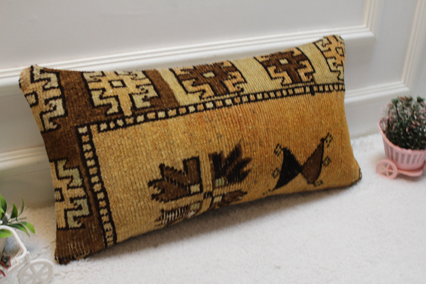 Handmade Kilim Lumbar Pillow Cover: Brown Beige Boho Rug Pillow (12x24 inc)