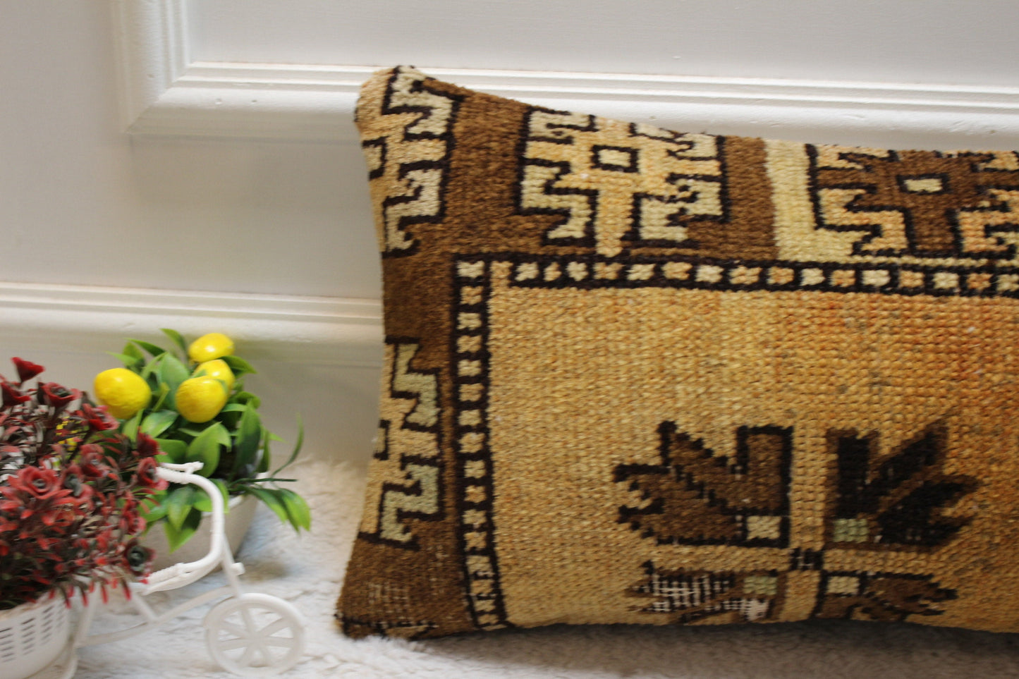 Handmade Kilim Lumbar Pillow Cover: Brown Beige Boho Rug Pillow (12x24 inc)