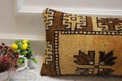 Handmade Kilim Lumbar Pillow Cover: Brown Beige Boho Rug Pillow (12x24 inc)