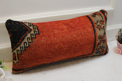 Red Turkish Rug Lumbar Pillow Cover: Vintage Wool, 12x24 inc