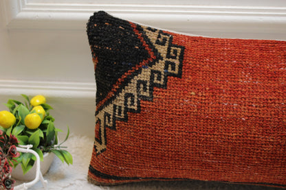 Red Turkish Rug Lumbar Pillow Cover: Vintage Wool, 12x24 inc