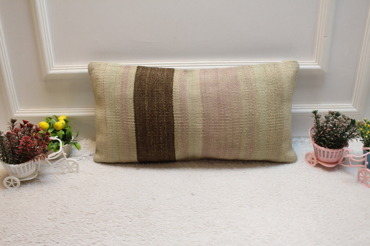 Vintage Turkish Kilim Lumbar Pillow Cover: Beige & Brown, 12x24 inc