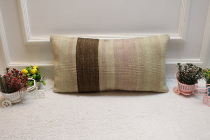 Vintage Turkish Kilim Lumbar Pillow Cover: Beige & Brown, 12x24 inc
