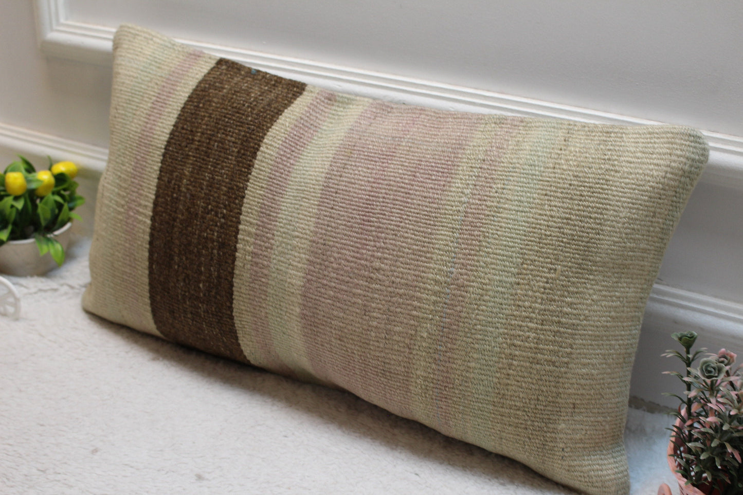 Vintage Turkish Kilim Lumbar Pillow Cover: Beige & Brown, 12x24 inc