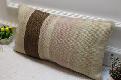 Vintage Turkish Kilim Lumbar Pillow Cover: Beige & Brown, 12x24 inc