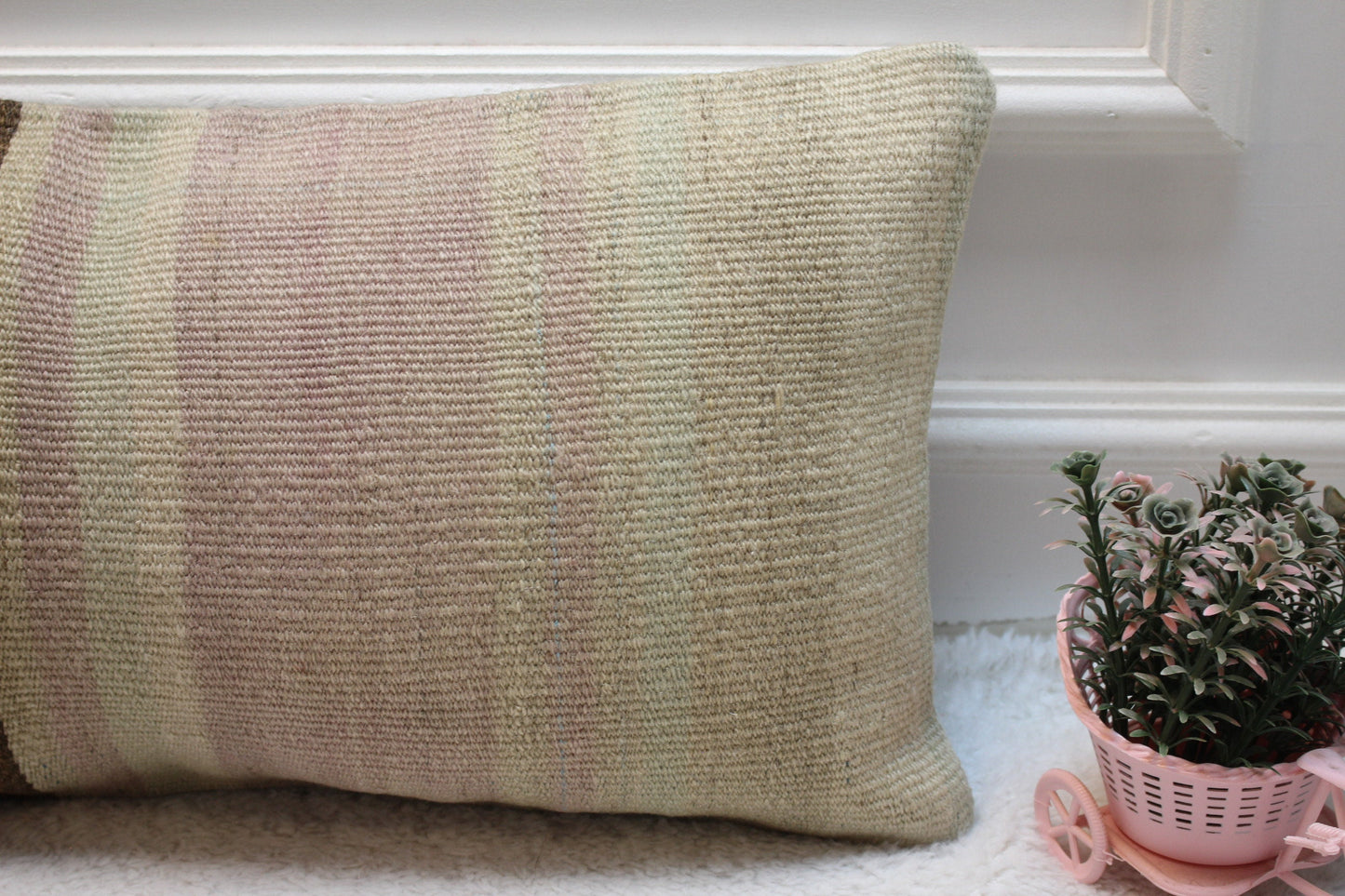 Vintage Turkish Kilim Lumbar Pillow Cover: Beige & Brown, 12x24 inc