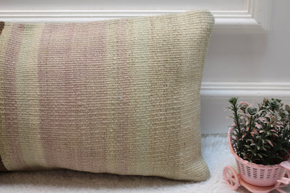 Vintage Turkish Kilim Lumbar Pillow Cover: Beige & Brown, 12x24 inc