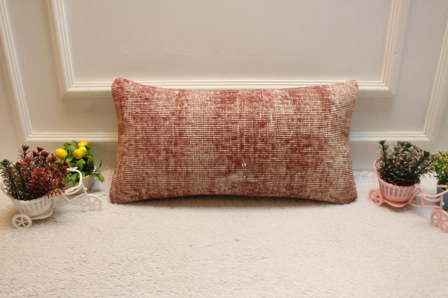 Handmade Red Turkish Rug Pillow Cover: Organic Wool Lumbar Pillow (12x24 in)
