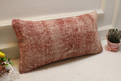 Handmade Red Turkish Rug Pillow Cover: Organic Wool Lumbar Pillow (12x24 in)