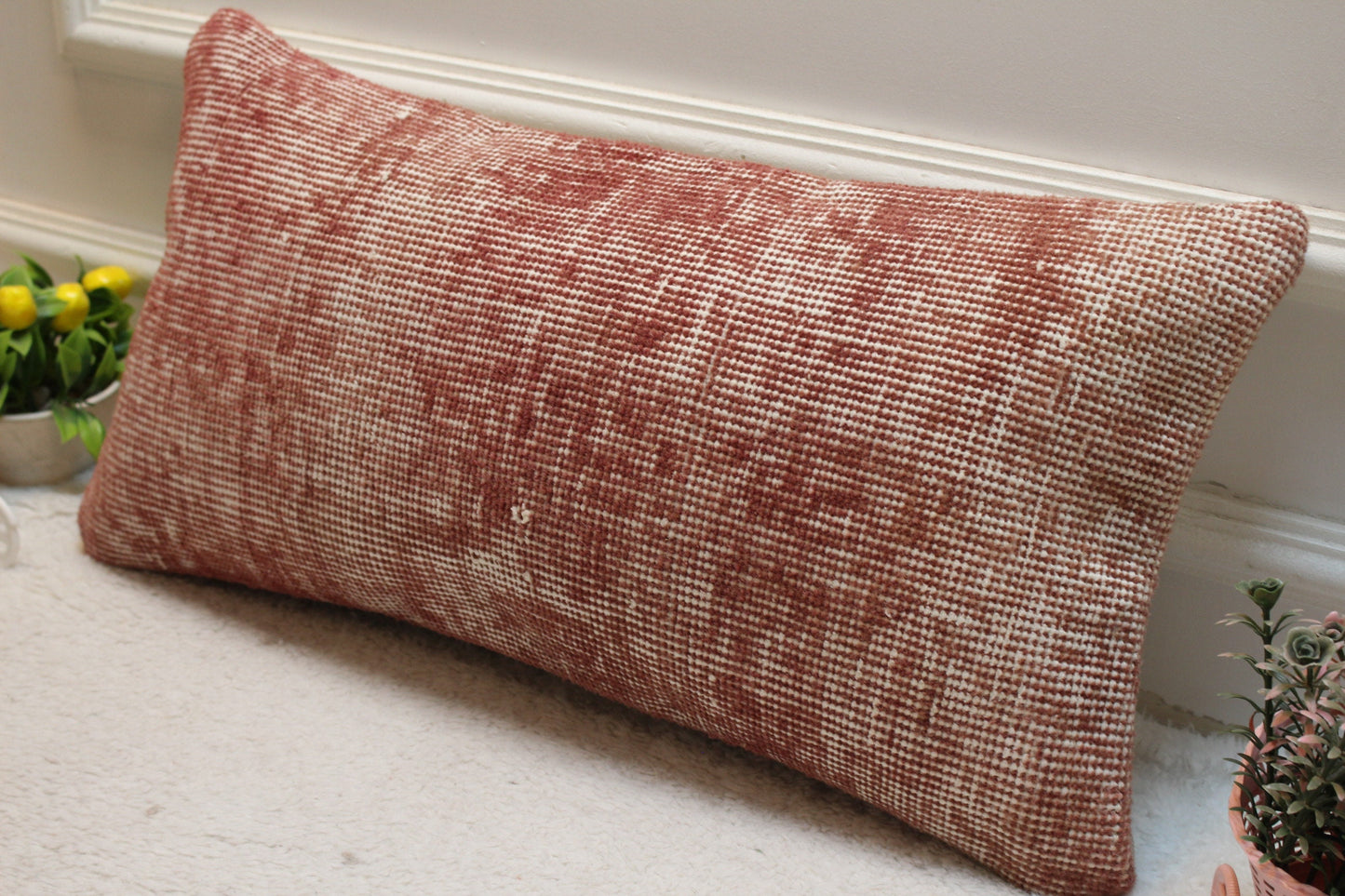 Handmade Red Turkish Rug Pillow Cover: Organic Wool Lumbar Pillow (12x24 in)