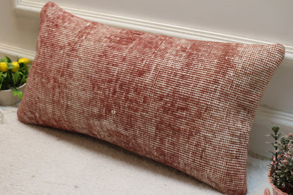 Handmade Red Turkish Rug Pillow Cover: Organic Wool Lumbar Pillow (12x24 in)