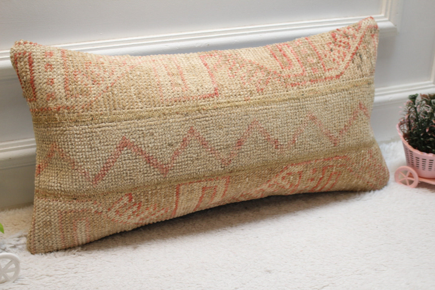 Vintage Turkish Rug Pillow: Red & Beige Woven Wool Lumbar Cover (12x24 in)