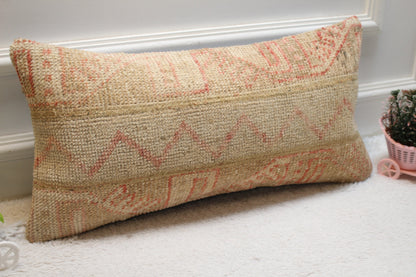 Vintage Turkish Rug Pillow: Red & Beige Woven Wool Lumbar Cover (12x24 in)