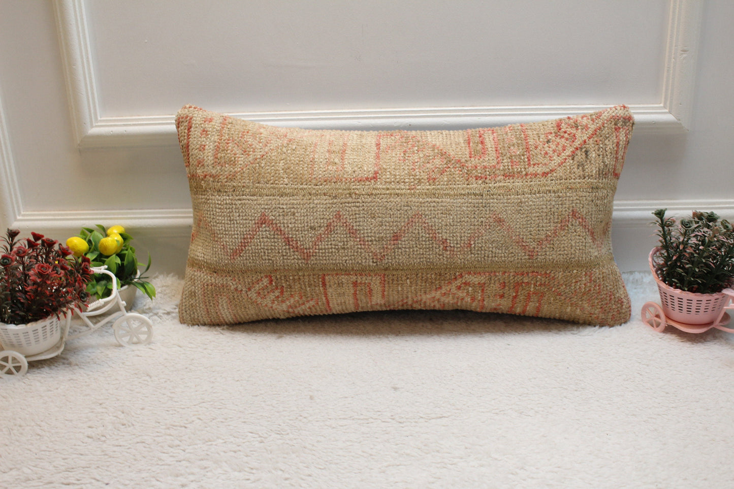 Vintage Turkish Rug Pillow: Red & Beige Woven Wool Lumbar Cover (12x24 in)