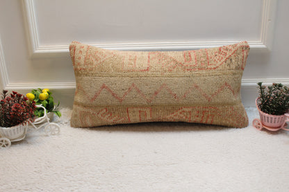 Vintage Turkish Rug Pillow: Red & Beige Woven Wool Lumbar Cover (12x24 in)