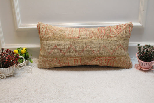 Vintage Turkish Rug Pillow: Red & Beige Woven Wool Lumbar Cover (12x24 in)