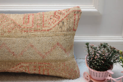 Vintage Turkish Rug Pillow: Red & Beige Woven Wool Lumbar Cover (12x24 in)