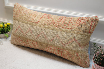 Vintage Turkish Rug Pillow: Red & Beige Woven Wool Lumbar Cover (12x24 in)