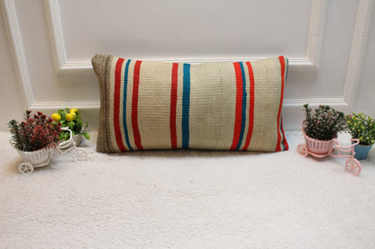 Handmade Kilim Pillow Cover: Beige, Red & Blue Turkish Rug Pillow (12x24 in)