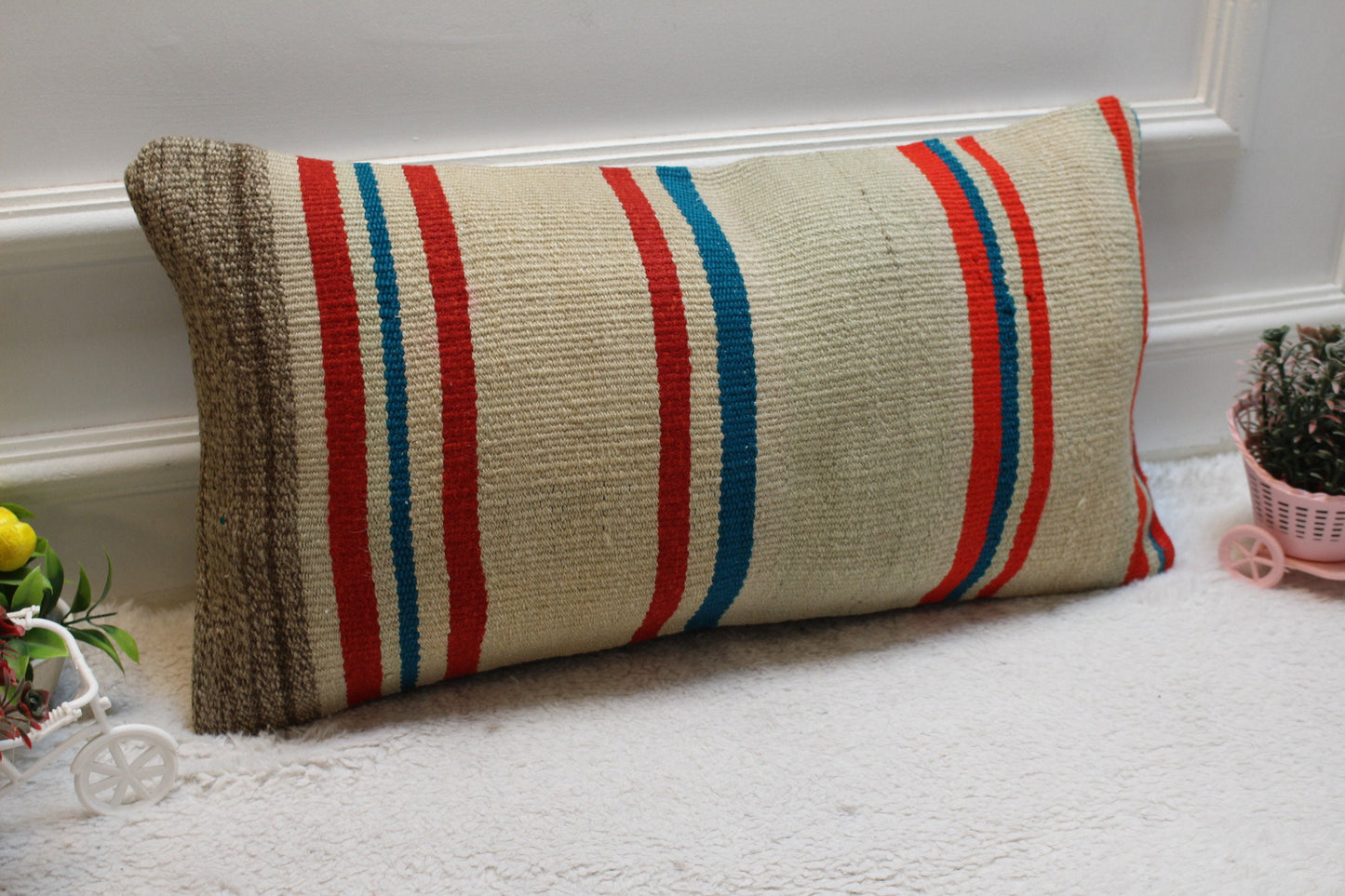 Handmade Kilim Pillow Cover: Beige, Red & Blue Turkish Rug Pillow (12x24 in)