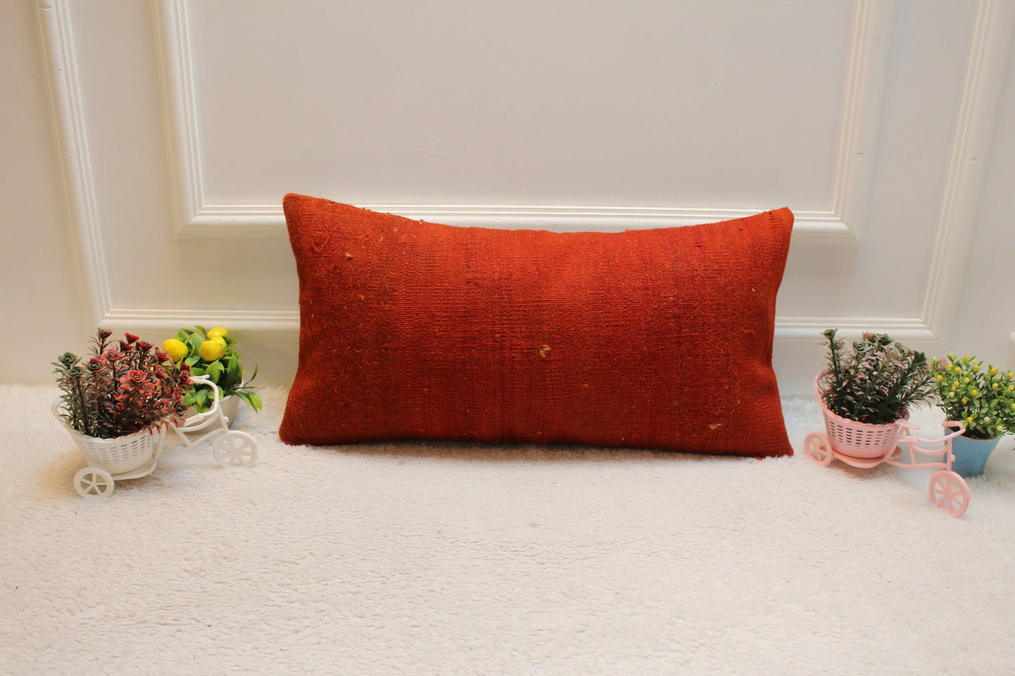 Red Kilim Lumbar Pillow Cover: Handmade Organic Wool, 12x24 inch