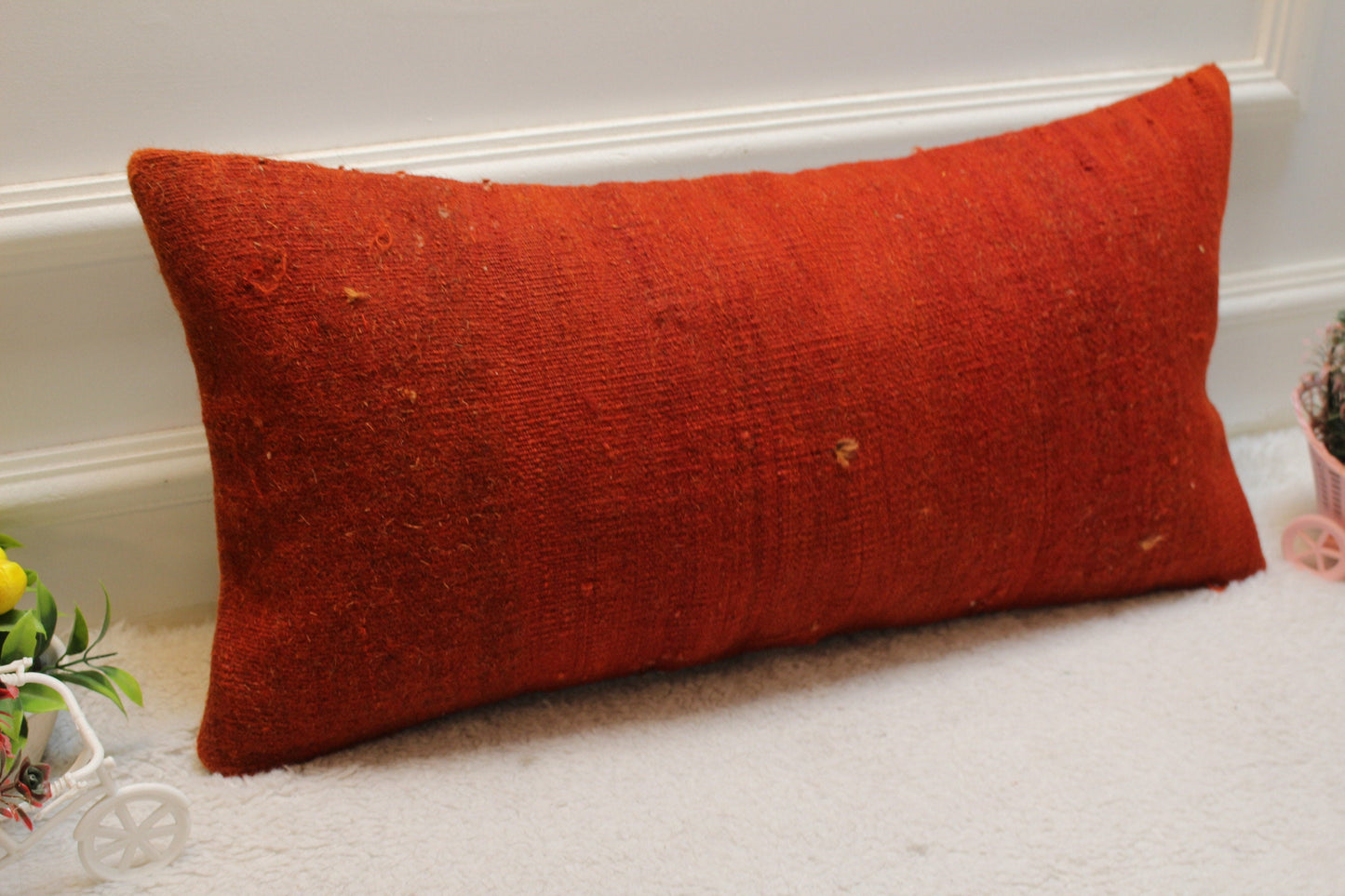 Red Kilim Lumbar Pillow Cover: Handmade Organic Wool, 12x24 inch