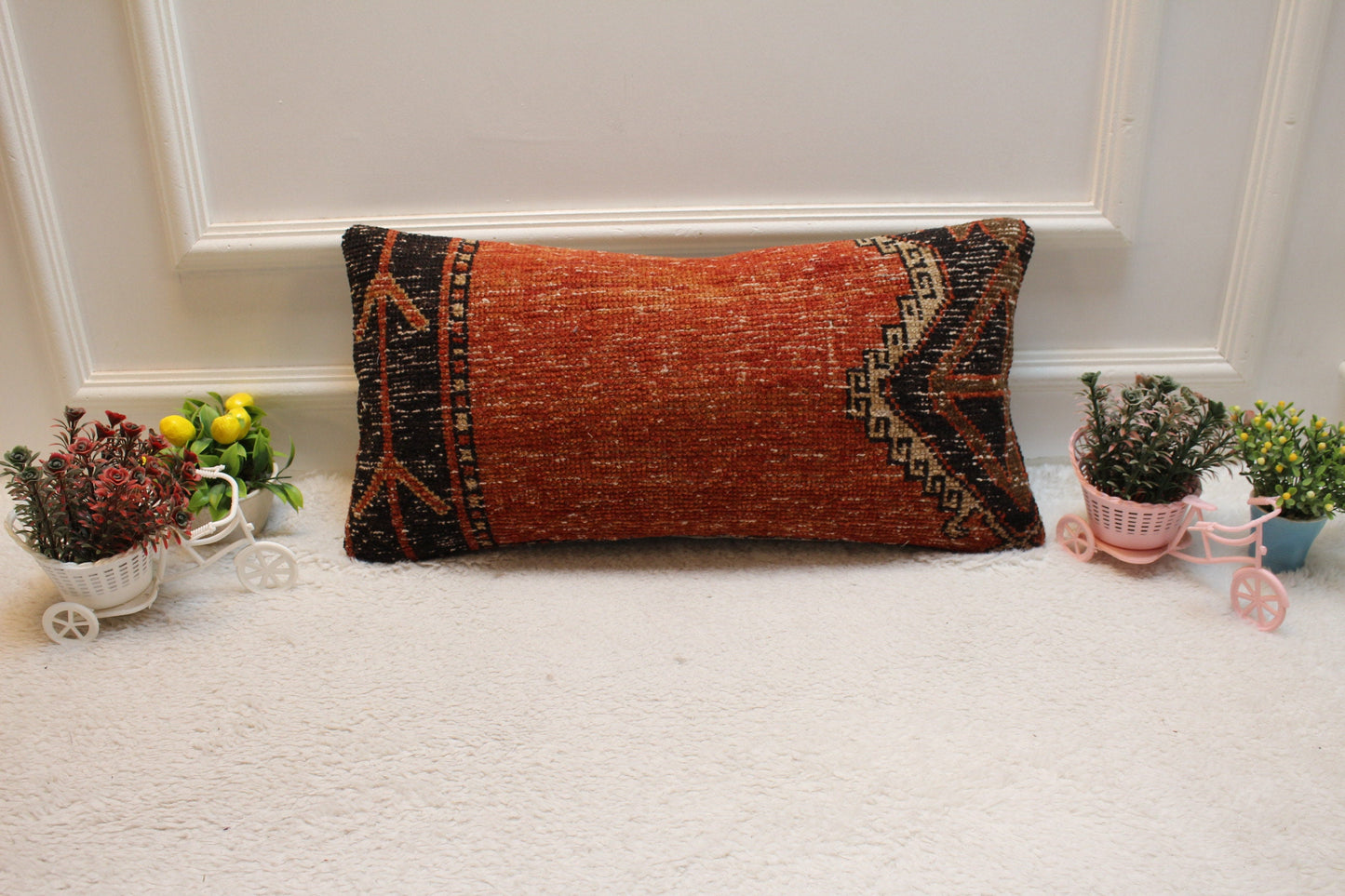 Red & Black Turkish Rug Lumbar Pillow Cover: Vintage Kilim, 12x24 inch