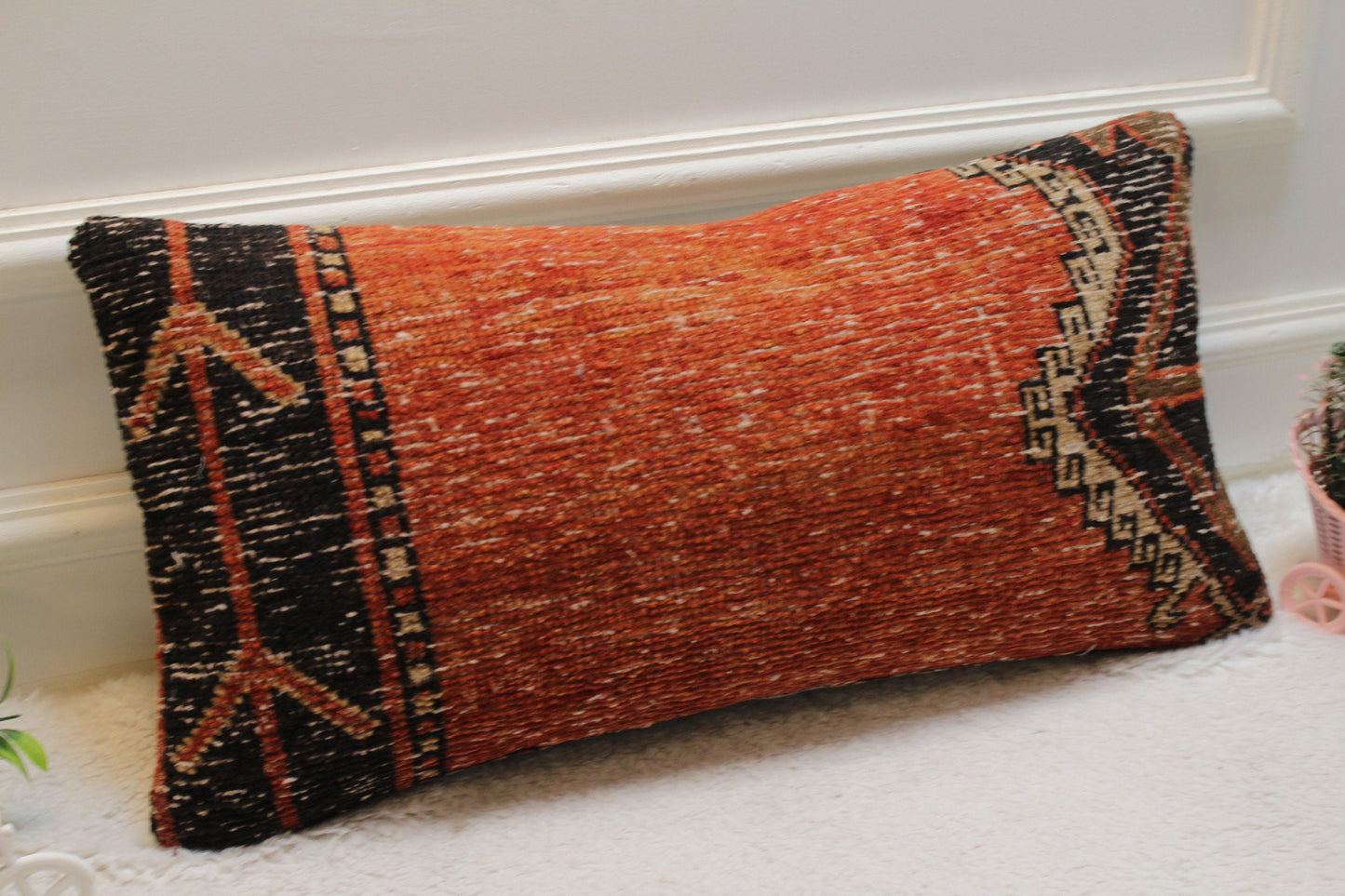 Red & Black Turkish Rug Lumbar Pillow Cover: Vintage Kilim, 12x24 inch