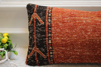 Red & Black Turkish Rug Lumbar Pillow Cover: Vintage Kilim, 12x24 inch