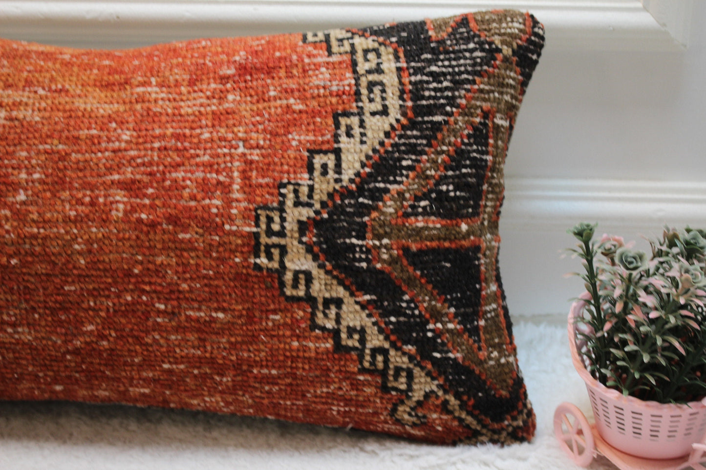 Red & Black Turkish Rug Lumbar Pillow Cover: Vintage Kilim, 12x24 inch