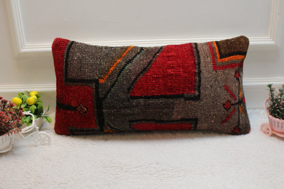 Handmade Wool Lumbar Pillow Cover: Red & Gray Turkish Rug, 12x24 inc