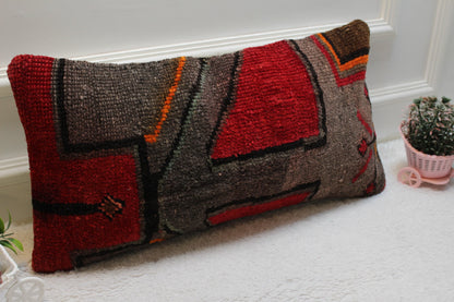 Handmade Wool Lumbar Pillow Cover: Red & Gray Turkish Rug, 12x24 inc