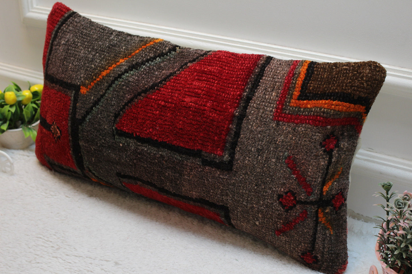Handmade Wool Lumbar Pillow Cover: Red & Gray Turkish Rug, 12x24 inc