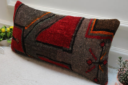 Handmade Wool Lumbar Pillow Cover: Red & Gray Turkish Rug, 12x24 inc