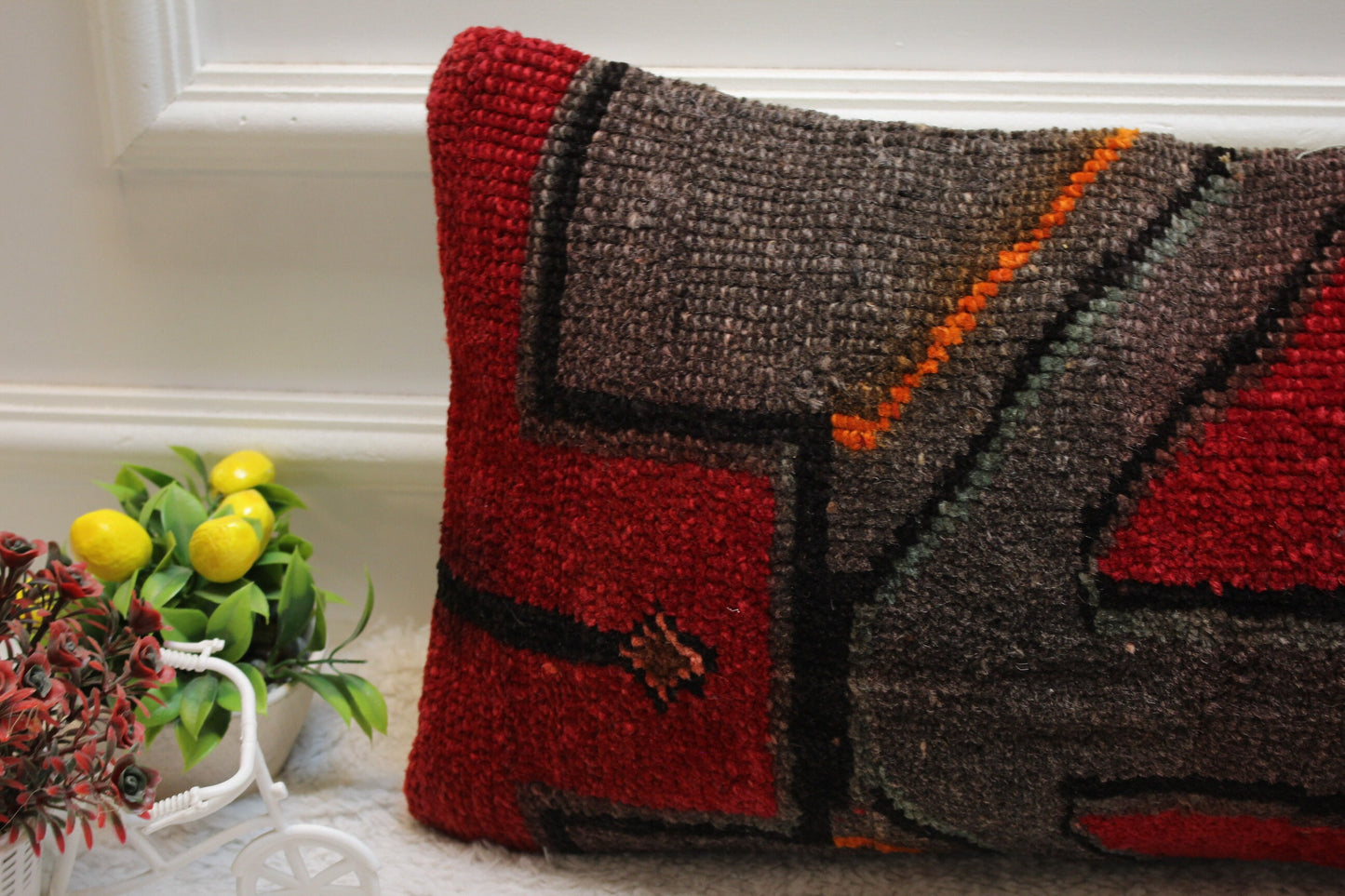 Handmade Wool Lumbar Pillow Cover: Red & Gray Turkish Rug, 12x24 inc