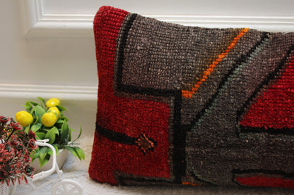 Handmade Wool Lumbar Pillow Cover: Red & Gray Turkish Rug, 12x24 inc