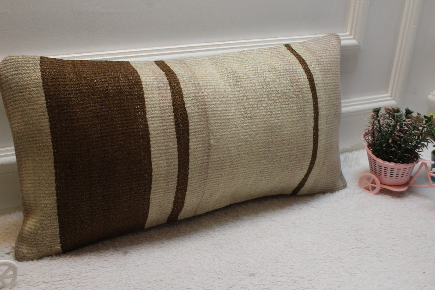Vintage Turkish Rug Lumbar Pillow Cover: Brown Beige Wool, 12x24 inch
