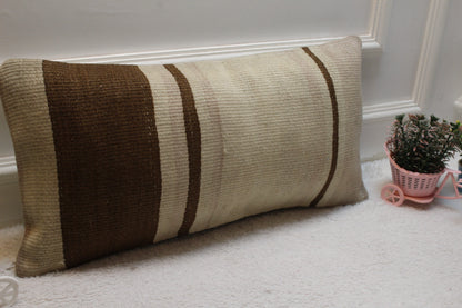 Vintage Turkish Rug Lumbar Pillow Cover: Brown Beige Wool, 12x24 inch