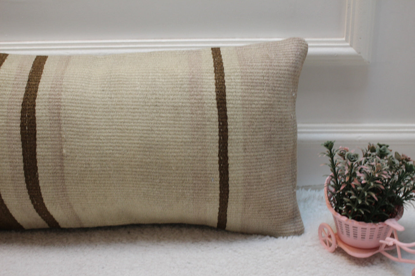 Vintage Turkish Rug Lumbar Pillow Cover: Brown Beige Wool, 12x24 inch