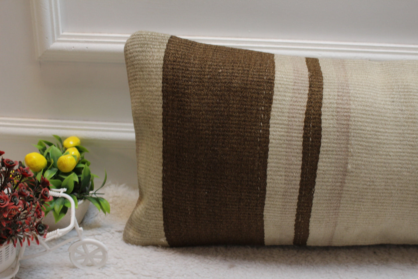 Vintage Turkish Rug Lumbar Pillow Cover: Brown Beige Wool, 12x24 inch
